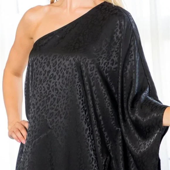 Black Leopard Print One Shoulder Satin Mini Dress - Picture 6 of 6